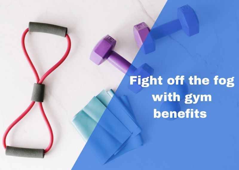 'Fight off the gym with gym benefits' written over an image of gym equipment on the ground