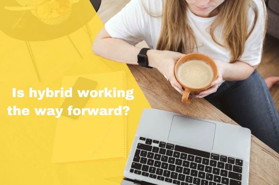 'Is hybrid working the way forward?' blog cover showing person with coffee on home laptop