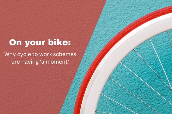 'On your bike: why cycle to work schemes are having 'a moment', blog title overlaid against image of red and white bike wheel against turquoise wall