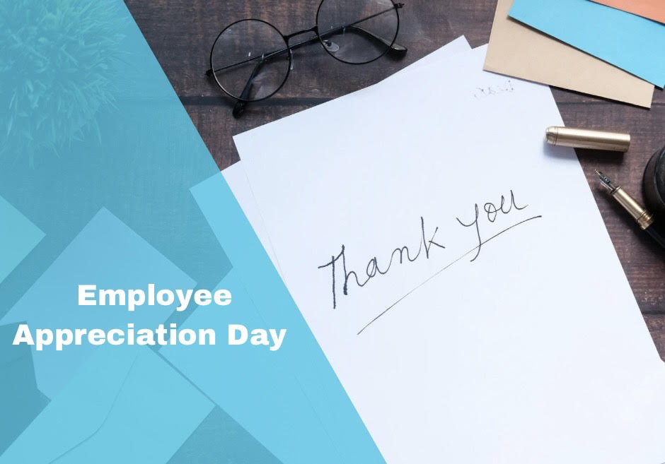 Employee Appreciation Day text overlaying image of piece of paper with 'thank you' written on
