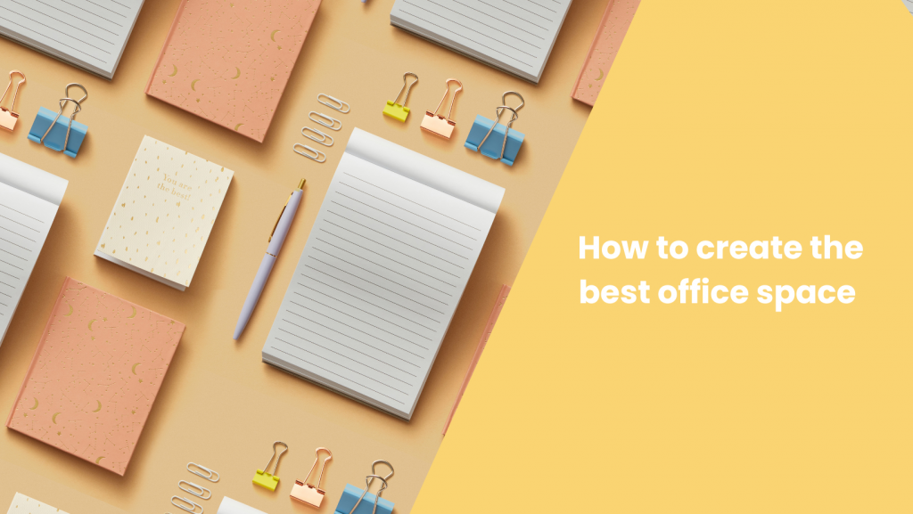 Print of stationary including notepad, pen and paperclips styled artfully, against blog title 'How to create the best office space'