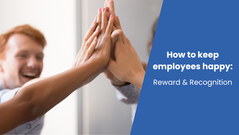 An image of people high five-ing, and a blog title on the right which says "How to keep employees happy, rewards and recognition