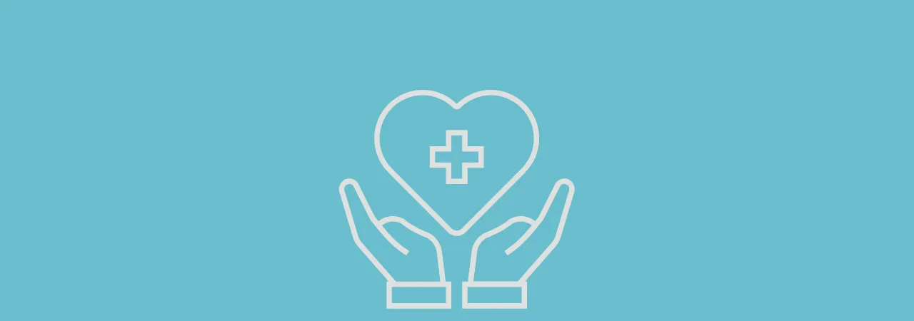 an outline image of a hand holding a heart, in a blue bazckground