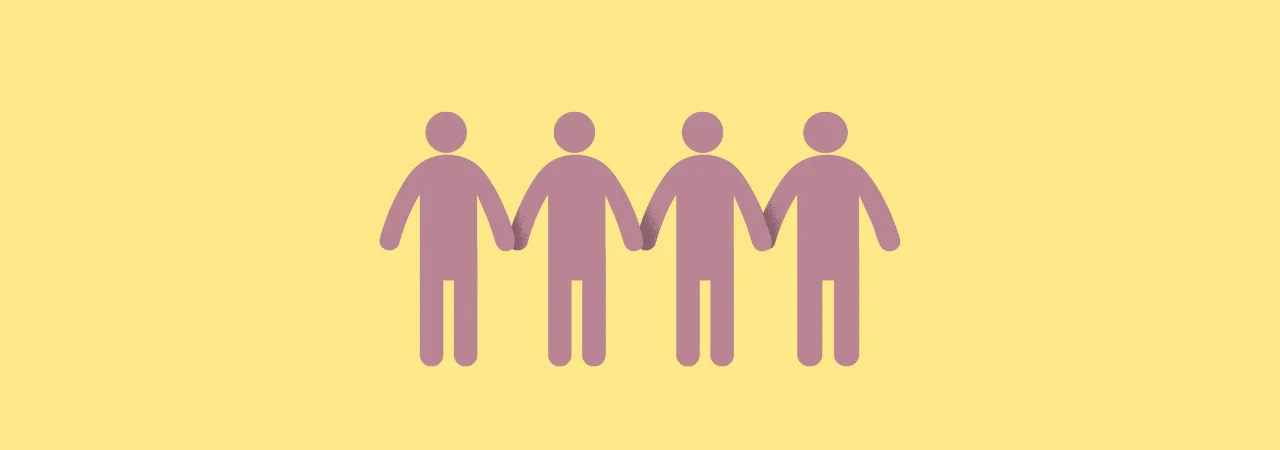 Four figure pieces holding hands playing piece against a yellow background